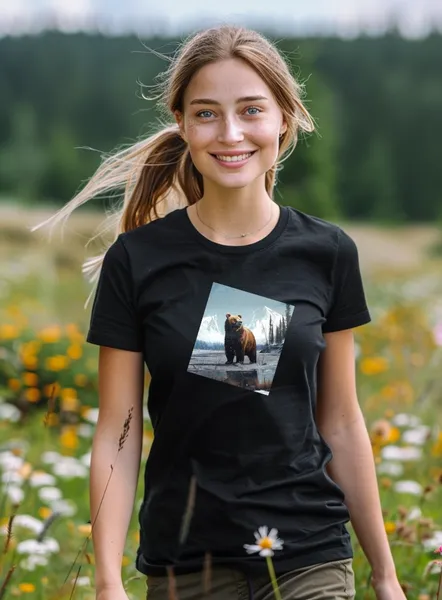 Poľovnícke tričko - Medveď v horách - Dámske čierne