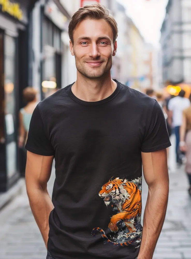 Tričko s grafickou potlačou - Tiger na vlnách - pánske čierne