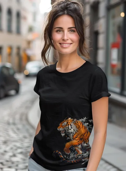 Tričko s grafickou potlačou - Tiger na vlnách - dámske čierne