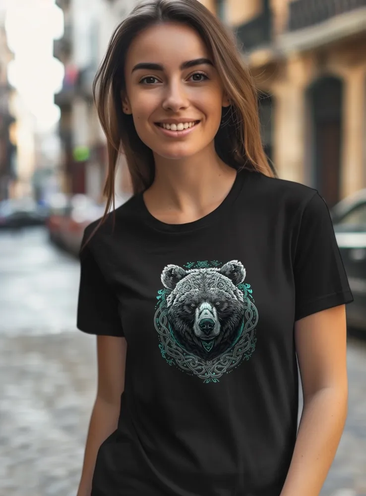 Tričko s grafickou potlačou - Medveď viking - Dámske čierne