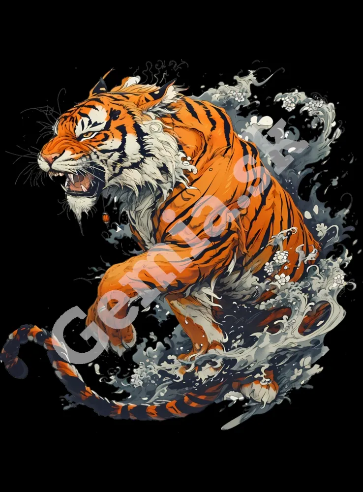 Potlač na tričko - grafické - Tiger na vlnách čierne