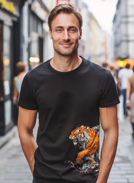 Tričko s grafickou potlačou - Tiger na vlnách - pánske čierne