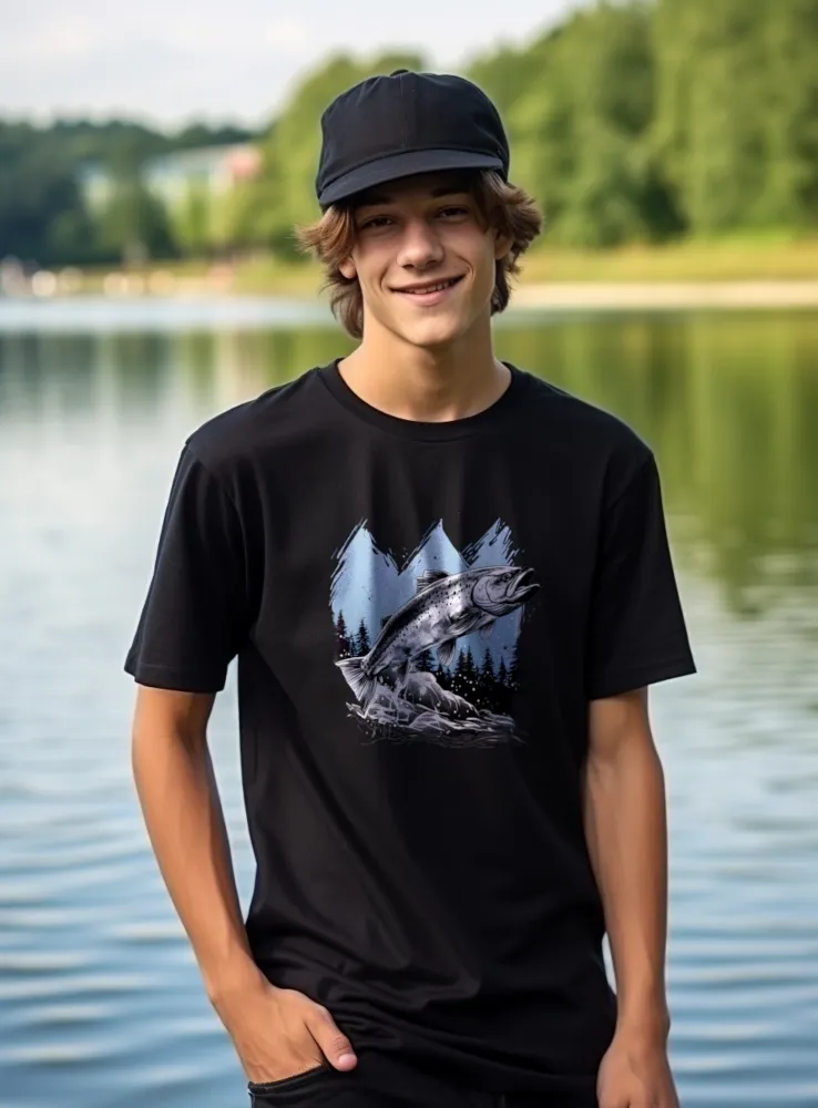 Rybárske tričko - Pstruh - pánske čierne
