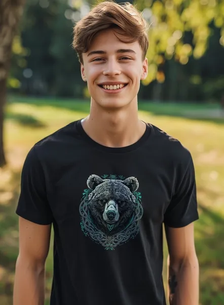 Tričko s grafickou potlačou - Medveď viking - Pánske čierne